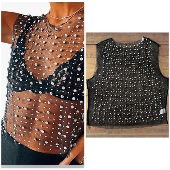 Pearl Rhinestone Mesh Cropped Tank Top Crewneck Sleeveless See Through Sheer Top - Picture 1 of 8